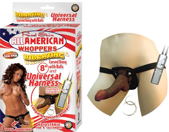 Real Skin Afro American Whoppers Vibrating 8 Inch Dong With Harness - Brown