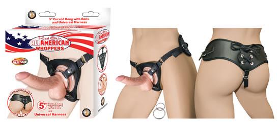 All American Whoppers 5 inches Curved Dong Balls Beige & Universal Harness