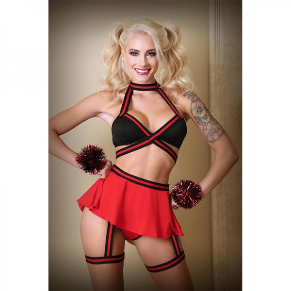 Bralette, Skirt Panty, With Detachable Leg Garter And Pom Pom Wristlets S/m Black And Red
