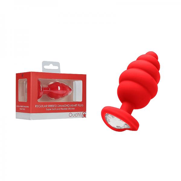 Ouch Regular Ribbed Diamond Heart Plug - Red